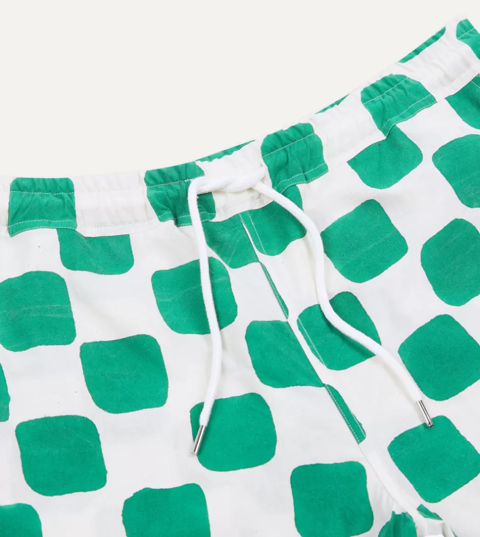 Drake's Green Chequerboard Block Print Cotton Drawstring Shorts Online