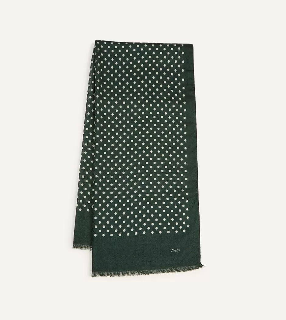 Drake's Green Hand-Drawn Polka Dot Wool Scarf Best Sale