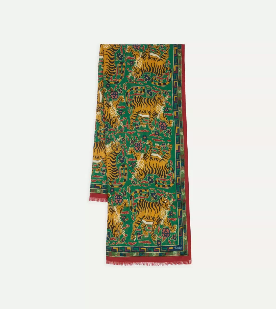 Drake's Green Jumbo Tiger Print Wool-Silk Scarf Best