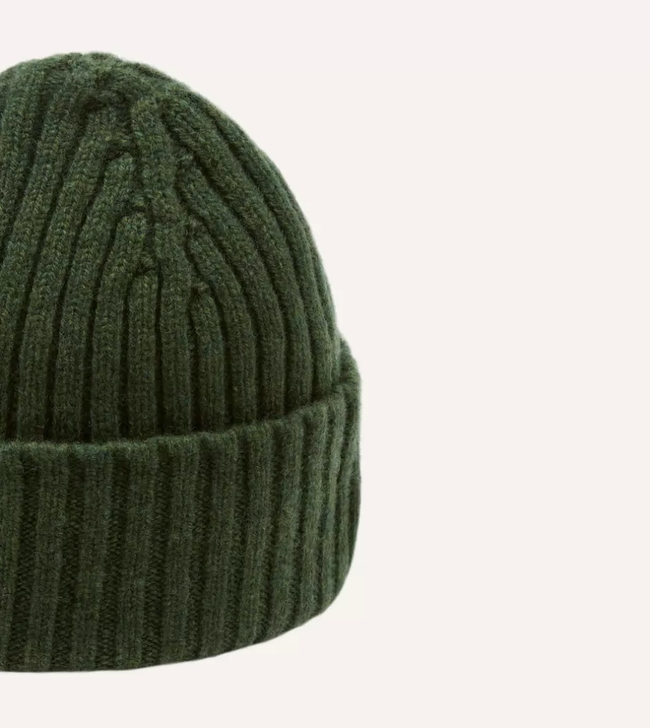 Drake's Lambswool Ribbed Knit Cap Green Sale