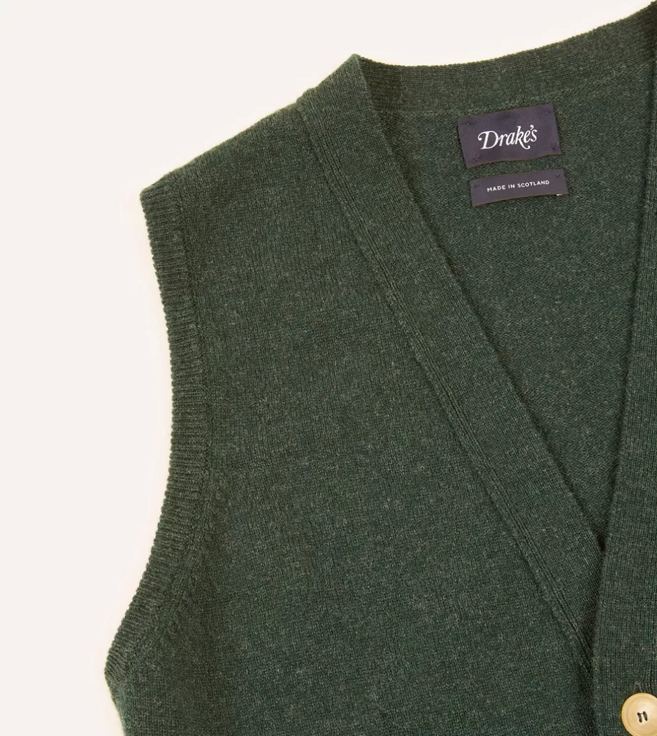 Drake's Lambswool Sleeveless Cardigan Green Cheap