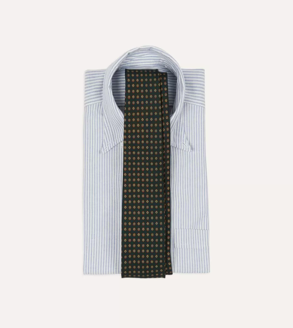 Drake's Green Micro Geometric Print Silk Self Tipped Tie Store