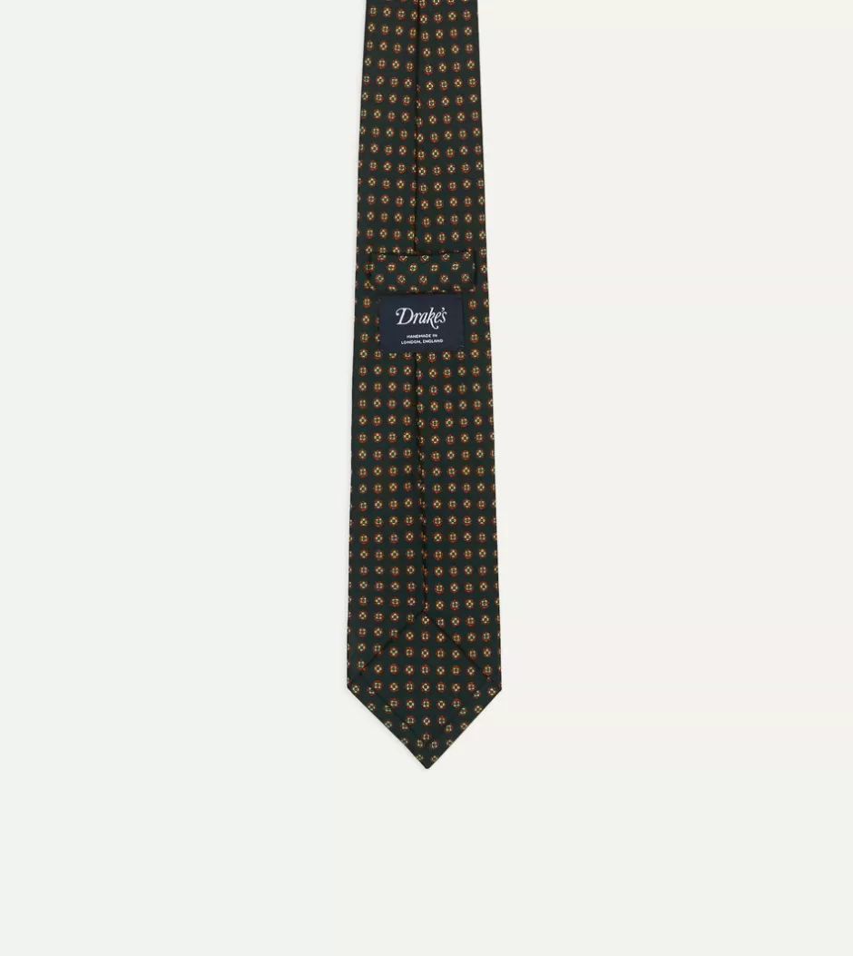 Drake's Green Micro Geometric Print Silk Self Tipped Tie Store