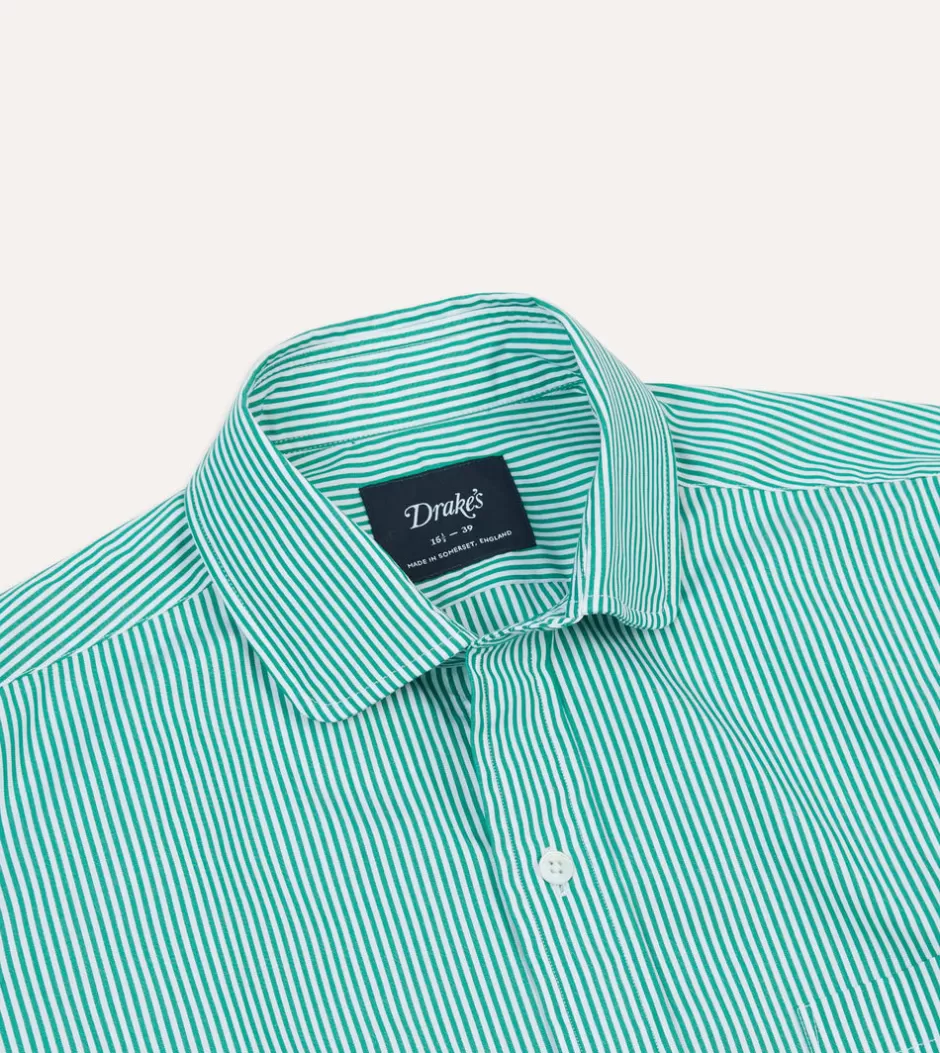 Drake's Green Narrow Stripe Poplin Club Collar Shirt Sale