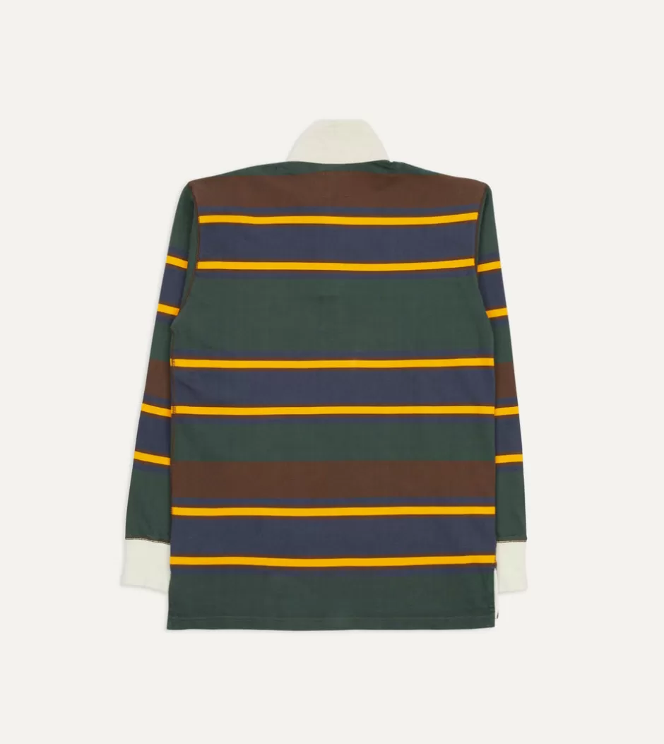 Drake's Green, Navy And Gold Stripe Cotton Rugby Shirt Discount