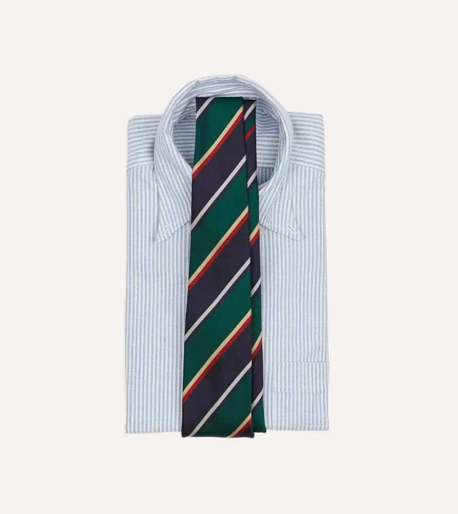 Drake's Green, Navy And Red Multi Stripe Silk Tipped Tie Clearance