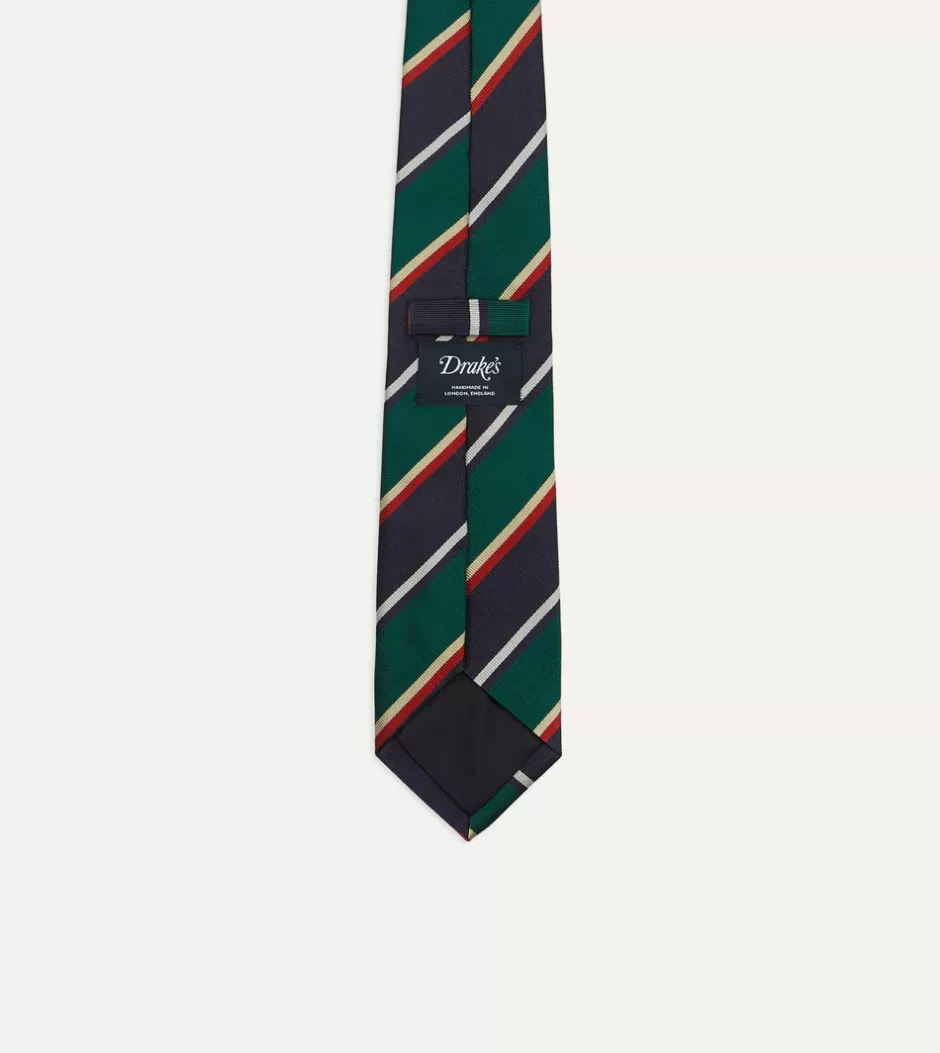 Drake's Green, Navy And Red Multi Stripe Silk Tipped Tie Clearance