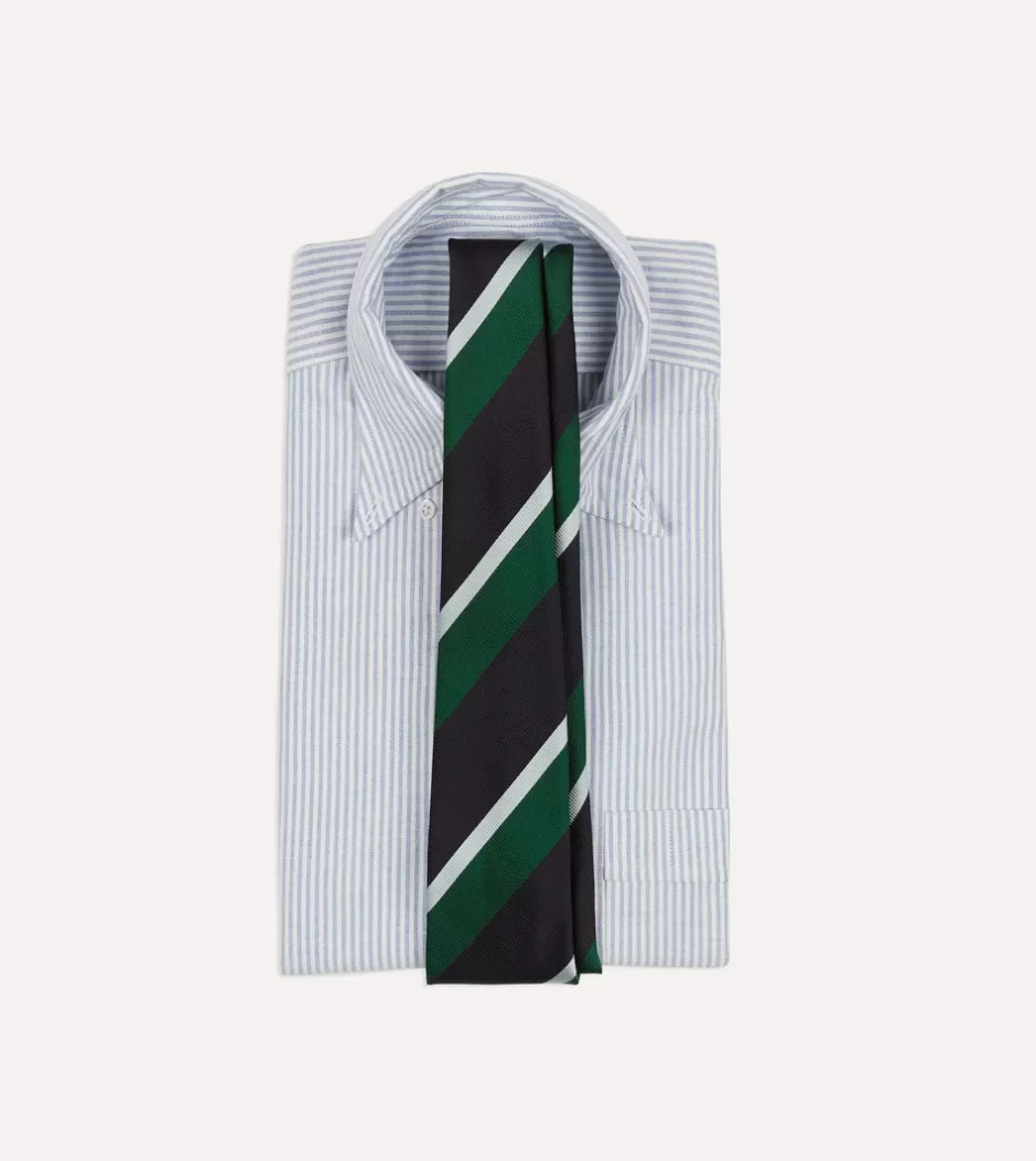 Drake's Green, Navy And White Stripe Tipped Repp Silk Tie Discount