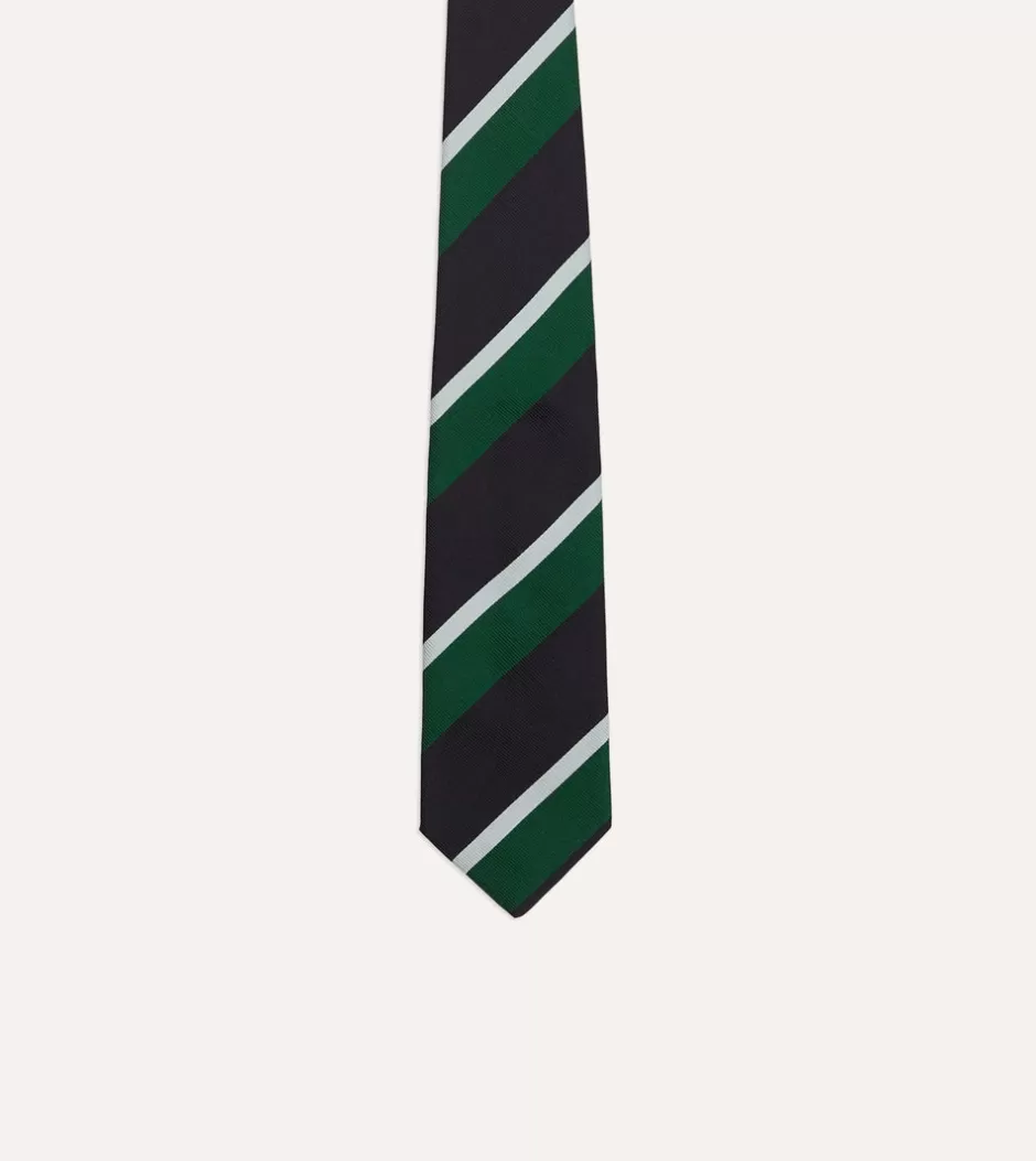 Drake's Green, Navy And White Stripe Tipped Repp Silk Tie Discount