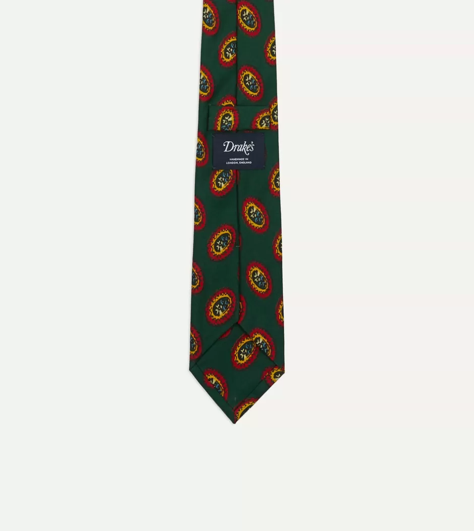 Drake's Green Oval Medallion Print Silk Self Tipped Tie Best