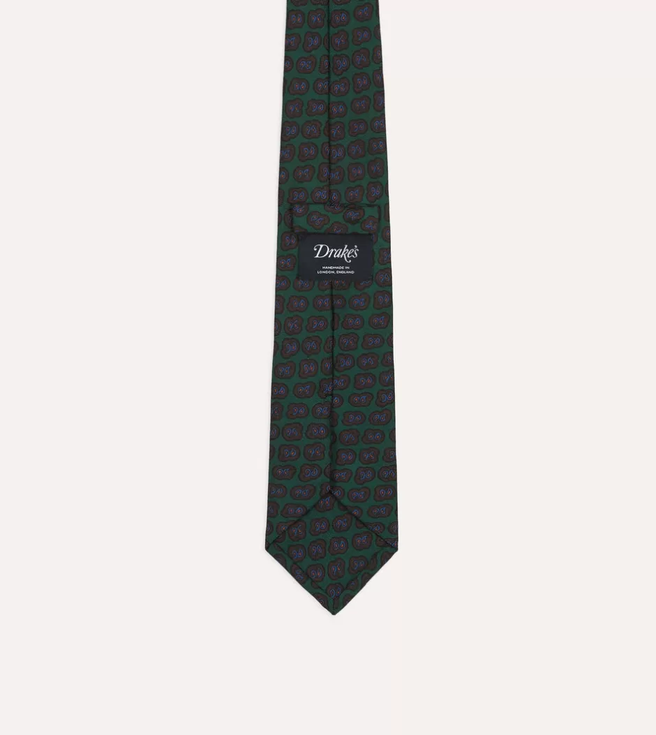 Drake's Green Paisley Double Leaf Print Silk Self-Tipped Tie Shop