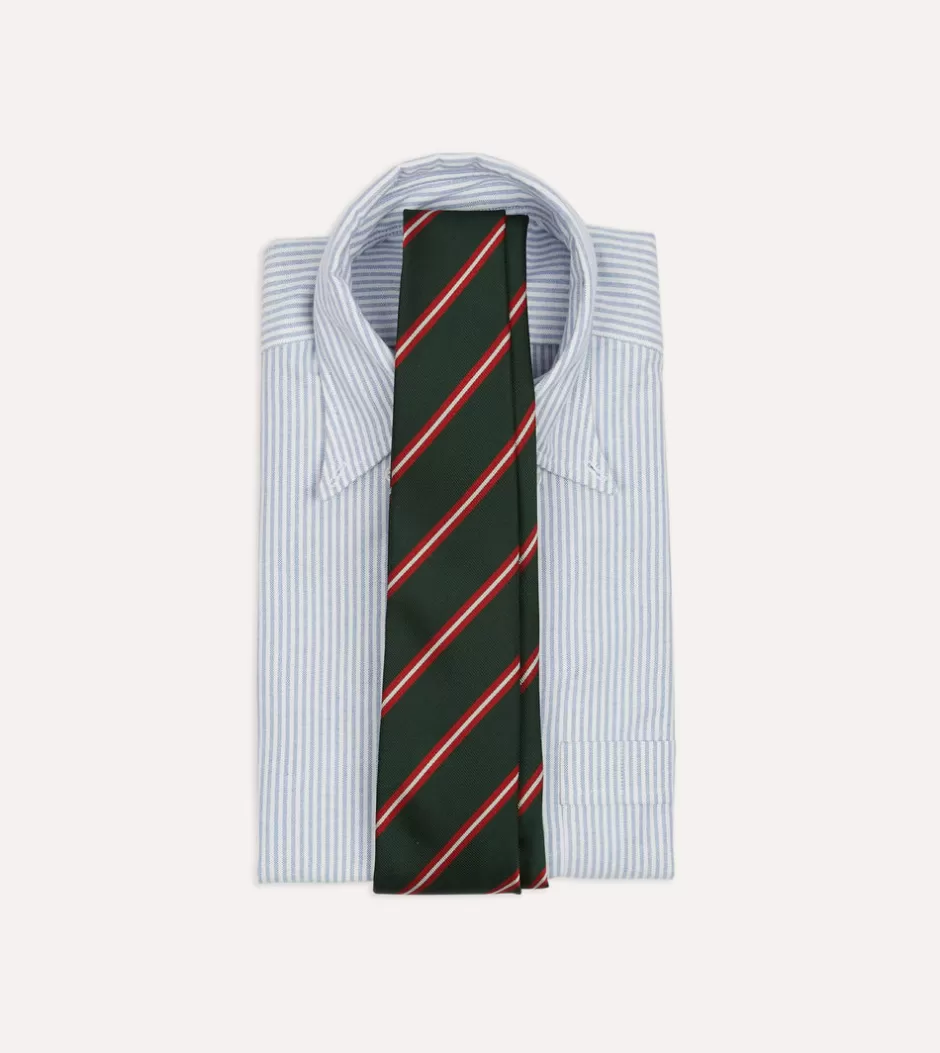 Drake's Green, Red And Ecru Stripe Silk Tipped Tie Clearance