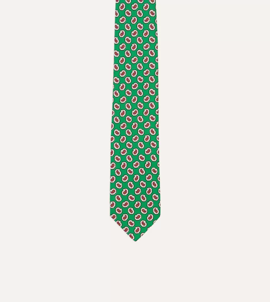 Drake's Small Paisley Leaf Print Silk Self Tipped Tie Green New