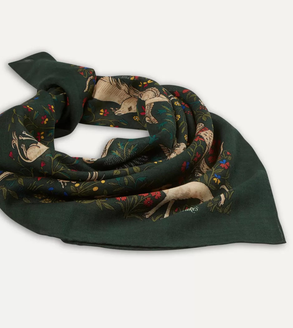 Drake's Green Unicorn Print Wool-Silk Square Scarf Cheap