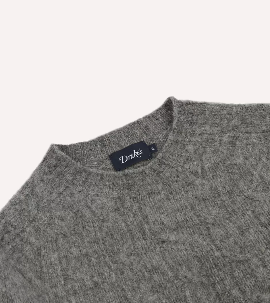 Drake's Brushed Shetland Cable Knit Crew Neck Jumper Grey Clearance