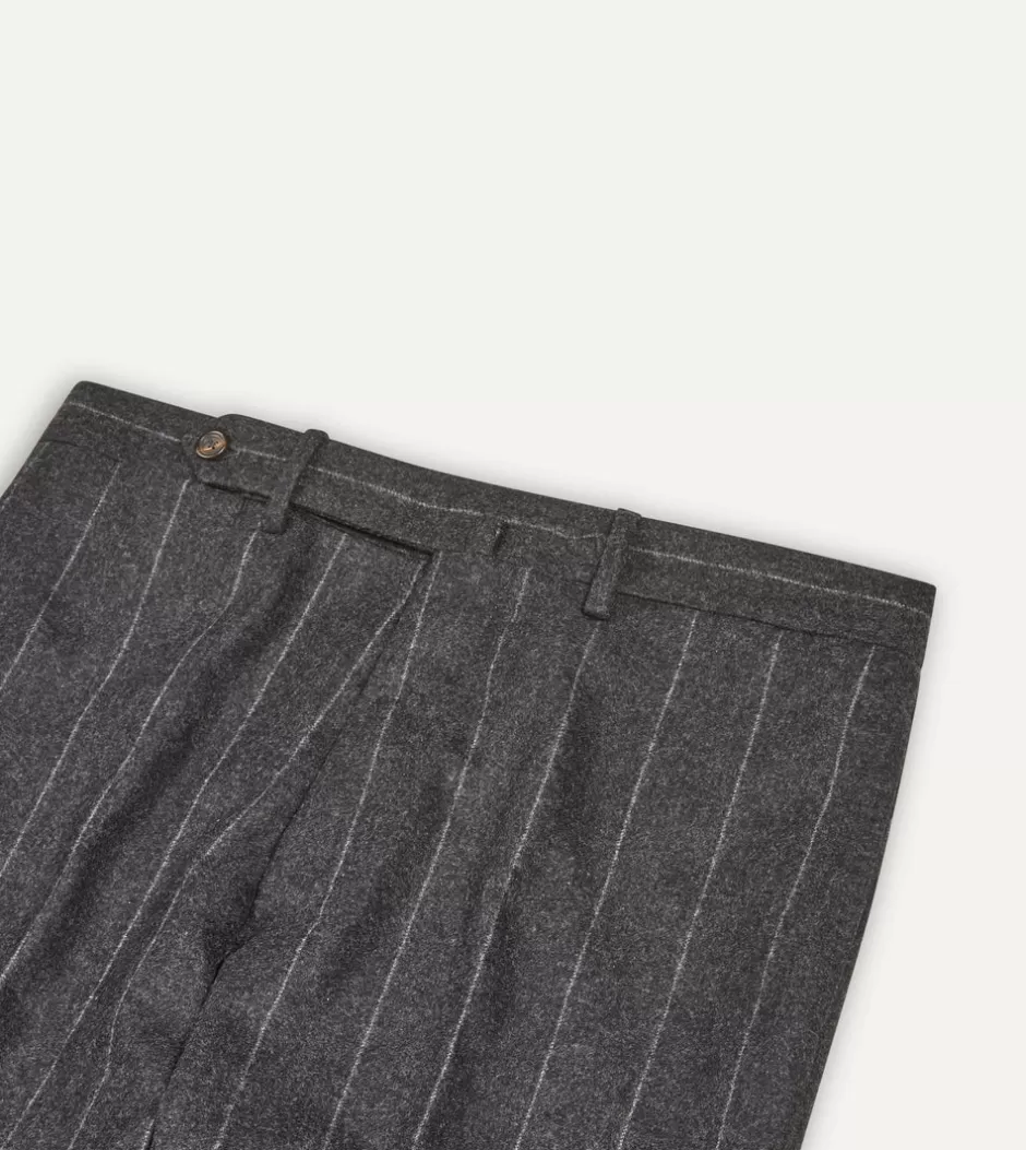 Drake's Grey Chalkstripe Wool Flannel Flat Front Trouser Hot