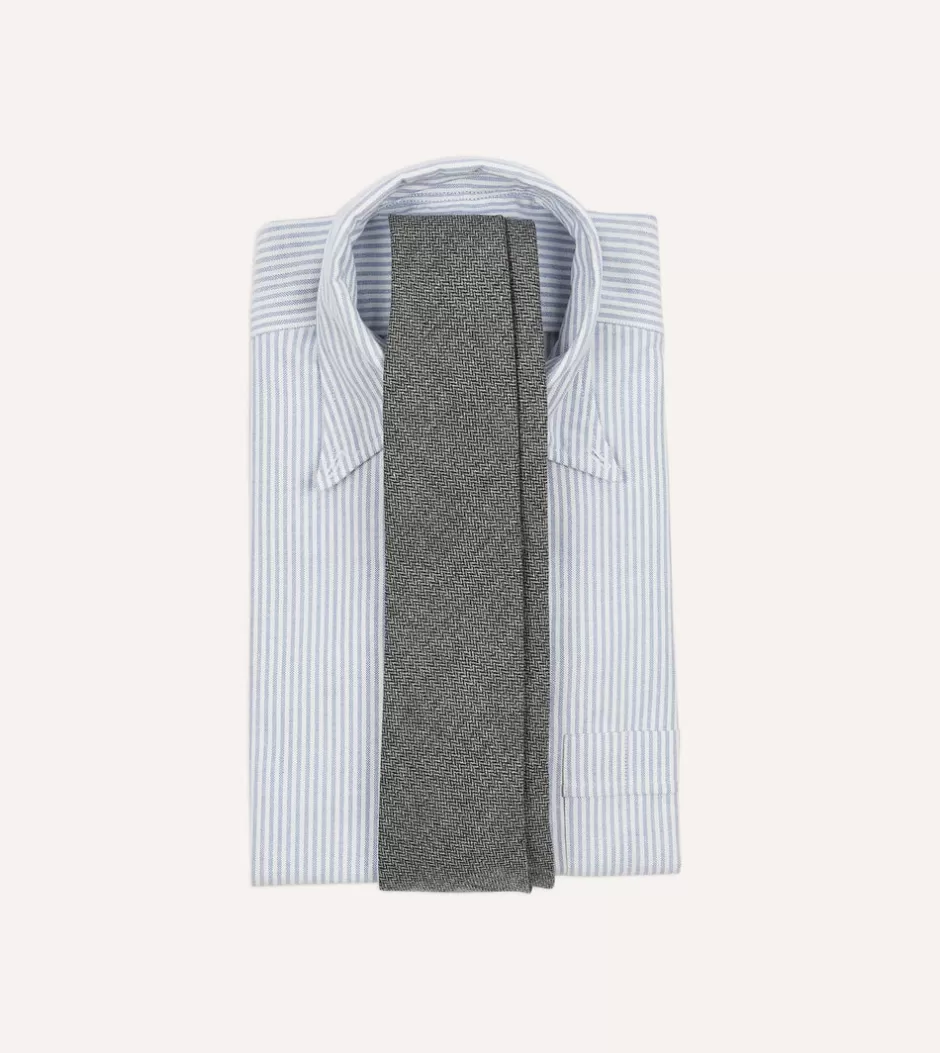 Drake's Grey Herringbone Hand Rolled Wool Tie Flash Sale