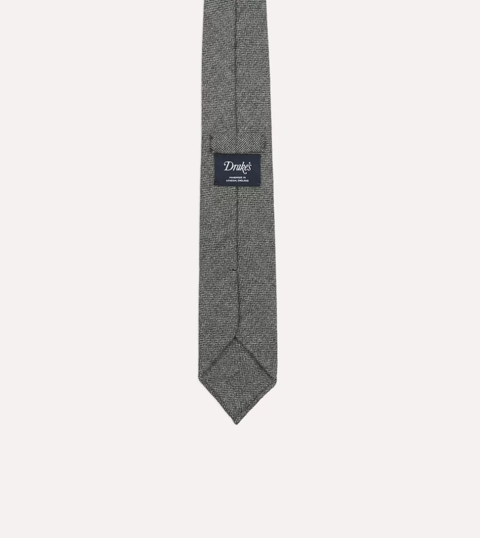 Drake's Grey Herringbone Hand Rolled Wool Tie Flash Sale