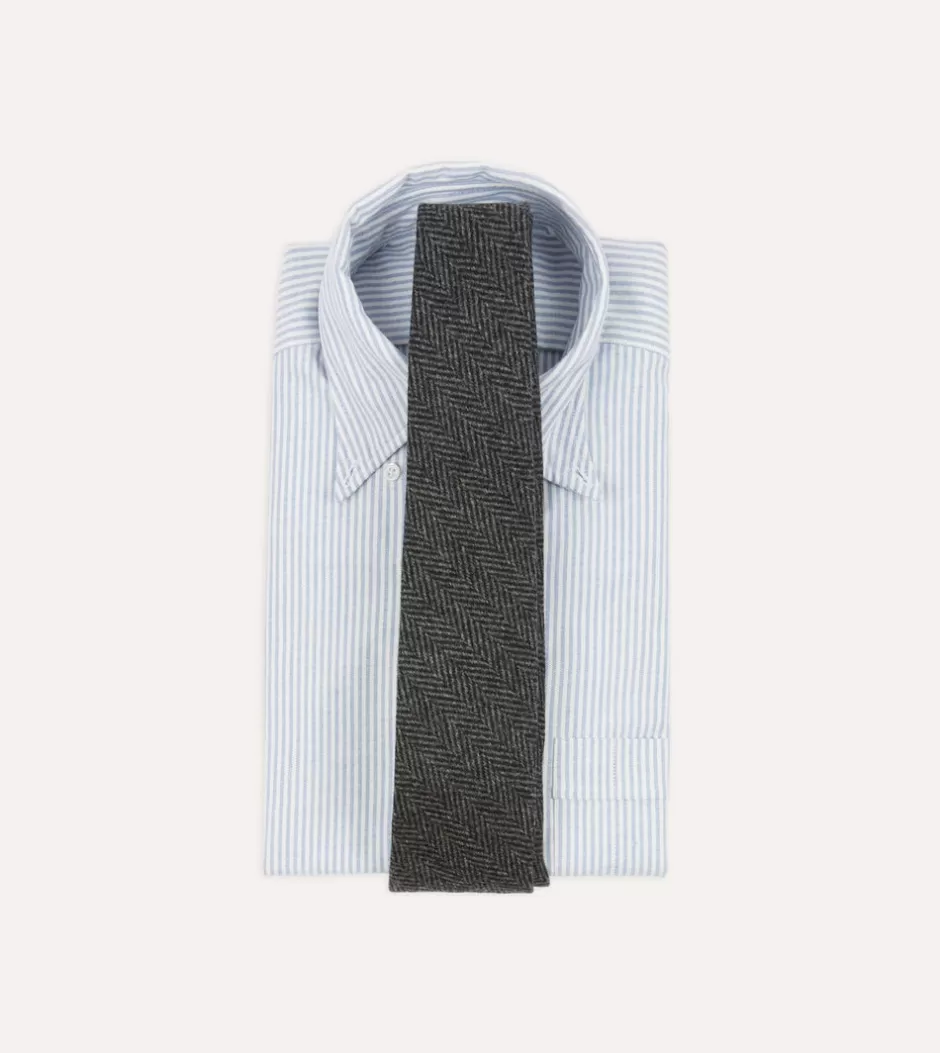 Drake's Grey Herringbone Hand Rolled Wool Tie Flash Sale