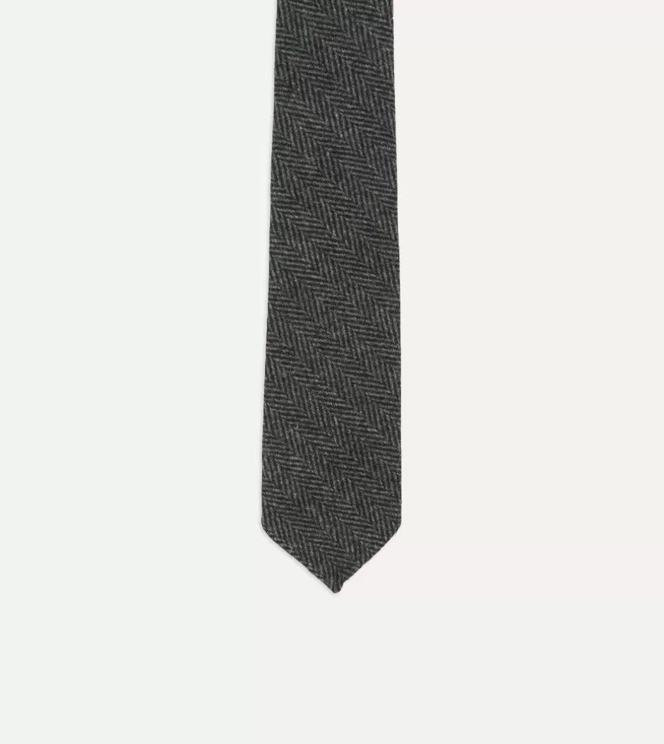 Drake's Grey Herringbone Hand Rolled Wool Tie Flash Sale