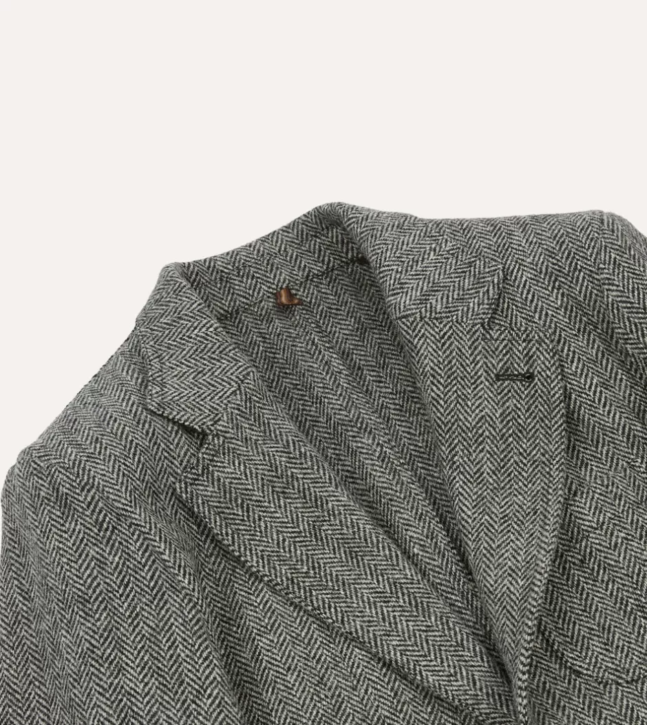 Drake's Grey Herringbone Harris Tweed Games Blazer Mk. VII Fashion