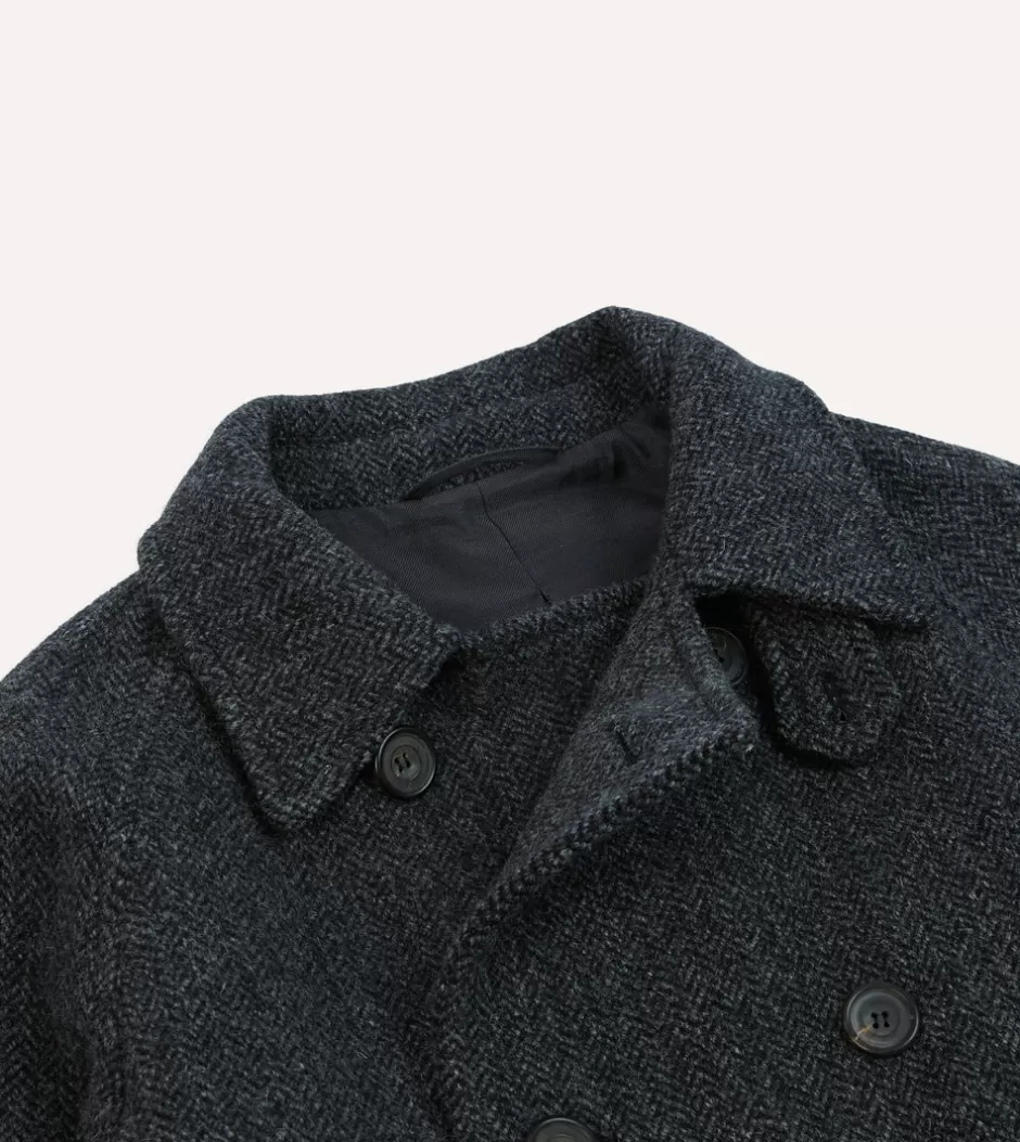 Drake's Grey Herringbone Wool Double-Breasted Raglan Coat Clearance