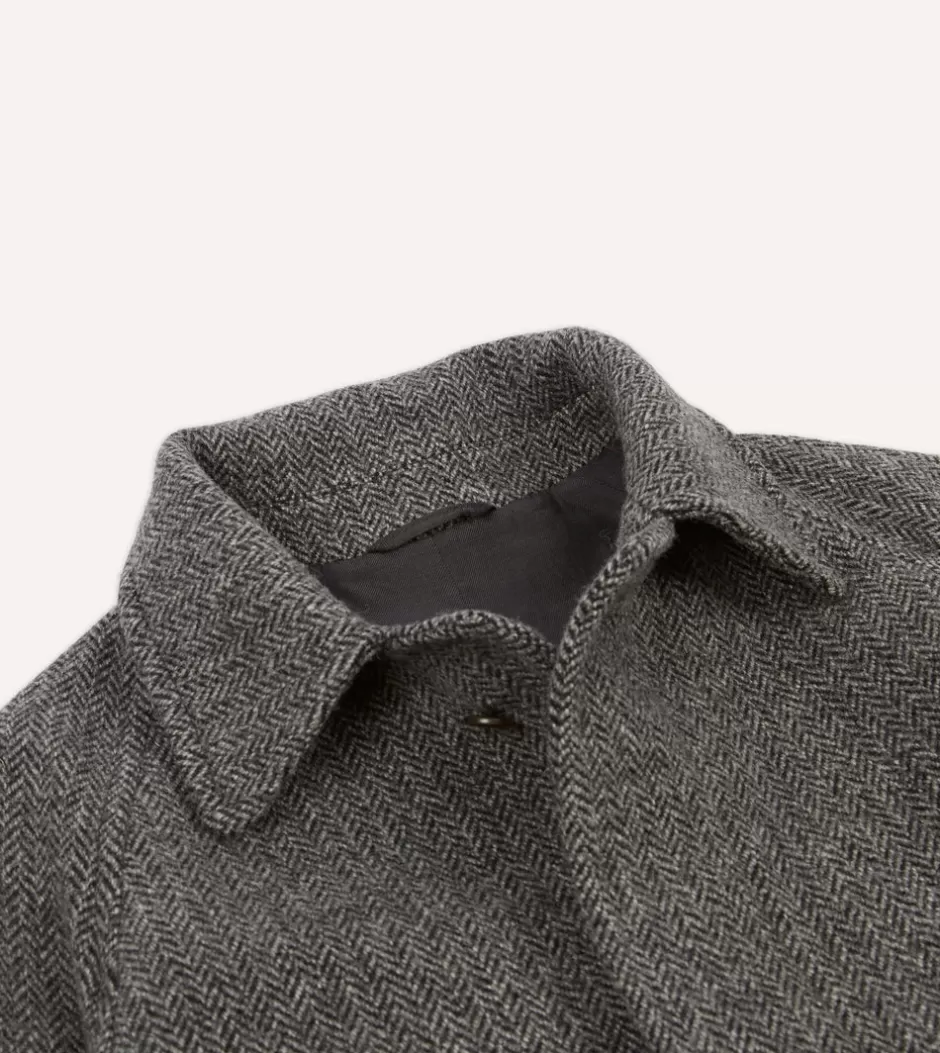 Drake's Grey Herringbone Wool Raglan Coat Online