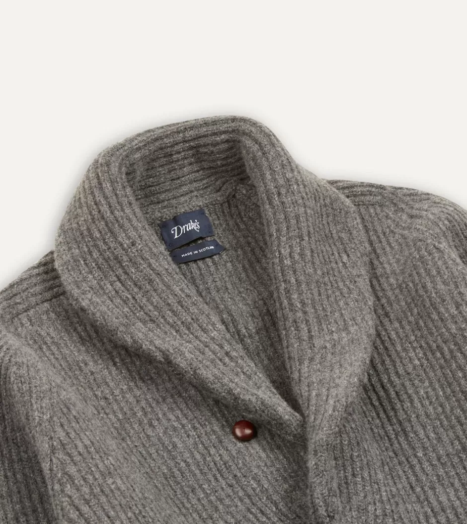 Drake's Lambswool Shawl Collar Cardigan Grey Hot