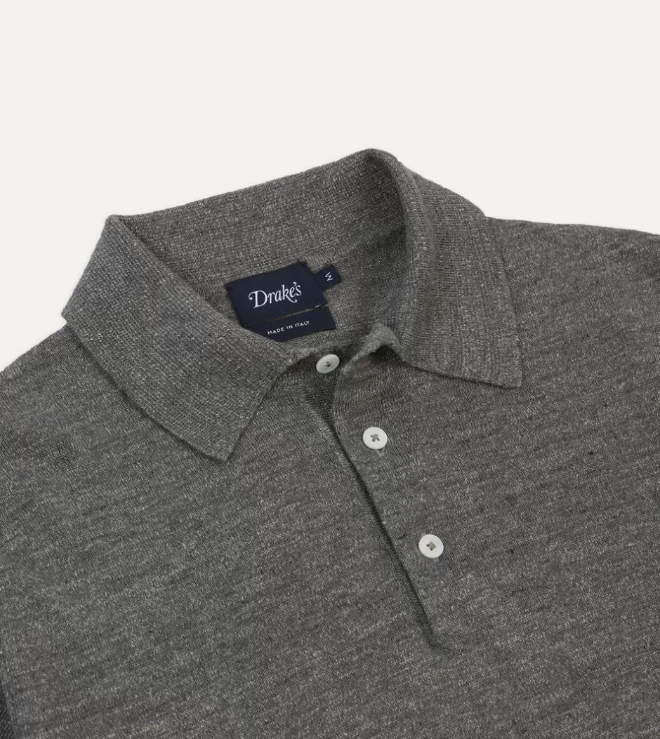 Drake's Linen-Cotton Knitted Polo Shirt Grey Online