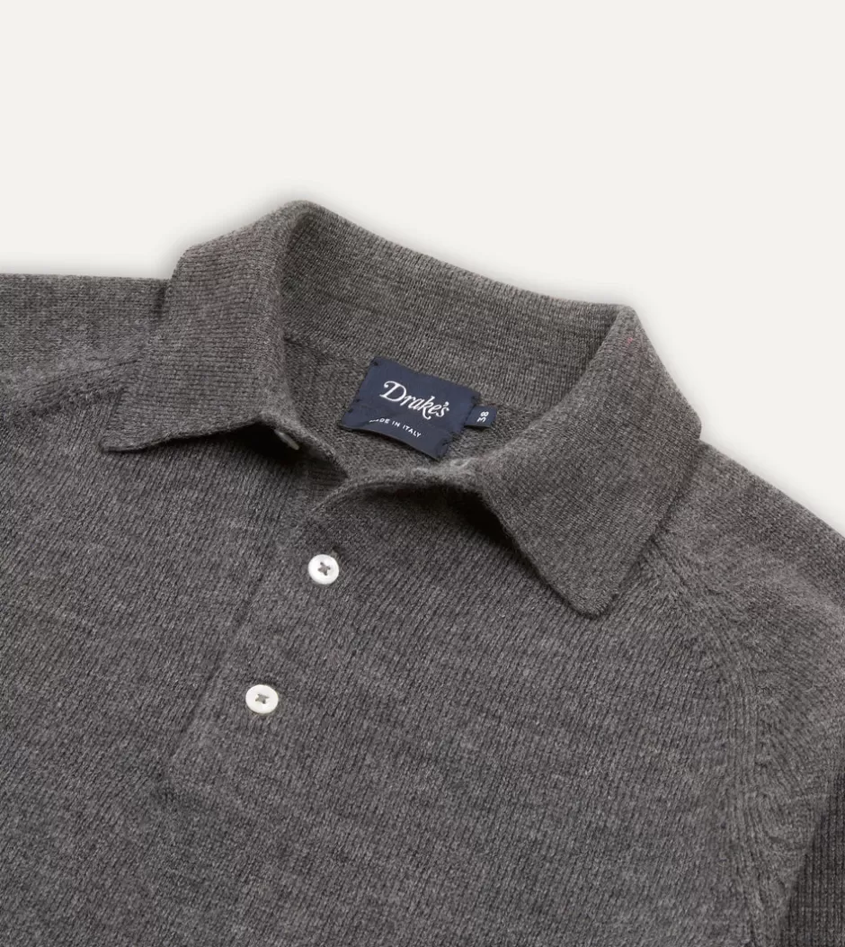 Drake's Merino Wool Knitted Polo Grey Discount