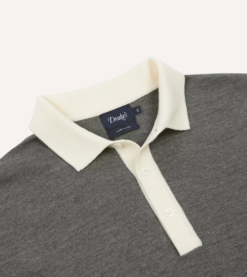 Drake's Merino Wool Knitted Rugby Shirt Grey Sale