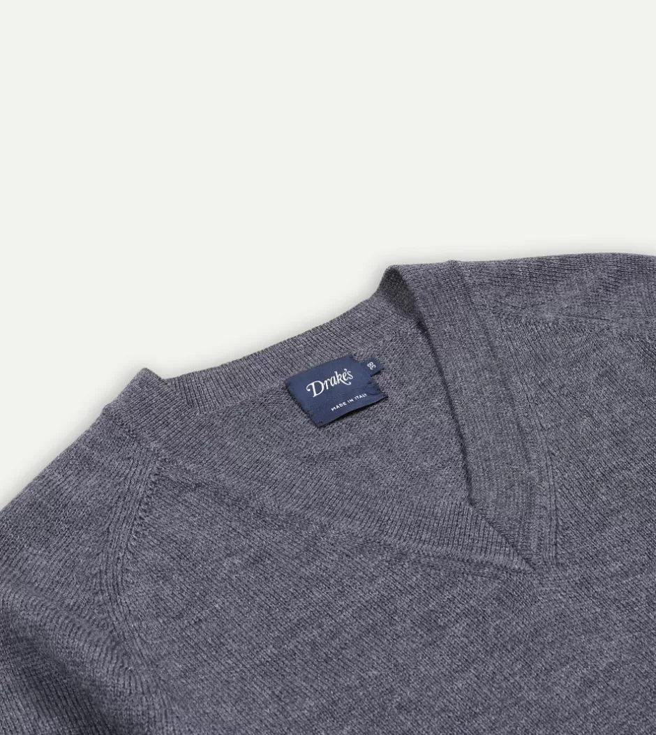 Drake's Merino Wool V Neck Jumper Grey Best Sale