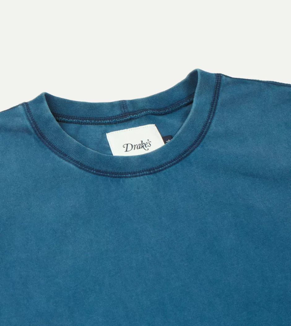 Drake's Indigo Cotton Crew Neck Hiking T-Shirt Flash Sale