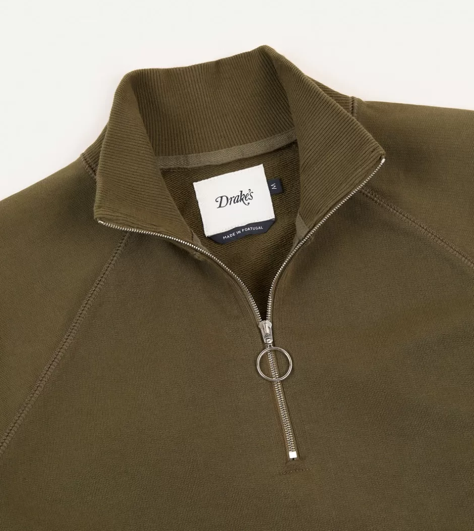 Drake's Cotton Quarter Zip Sweatshirt Khaki green Discount