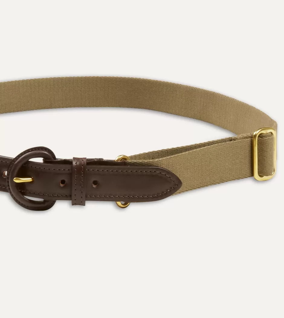 Drake's Khaki Green Leather-Covered Buckle Adjustable Webbing Belt Flash Sale