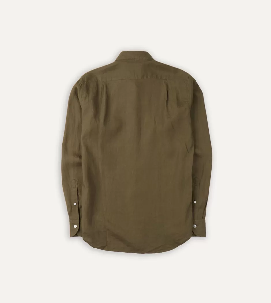 Drake's Linen Spread Collar Shirt Khaki green Fashion