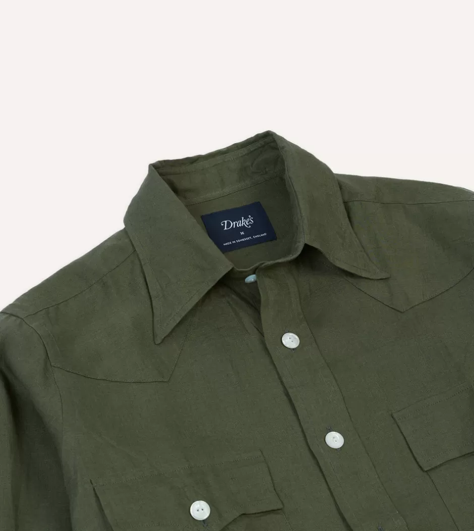 Drake's Linen Two-Pocket Western Shirt Khaki green Discount