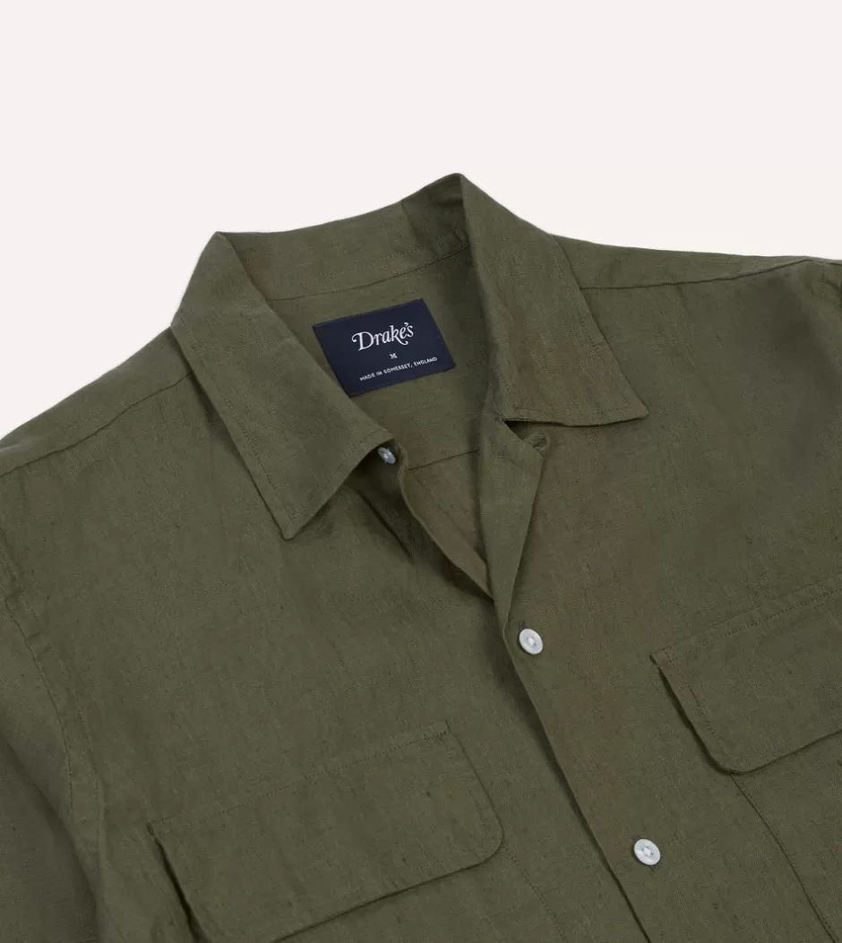 Drake's Linen Camp Collar Long Sleeve Shirt Khaki Best