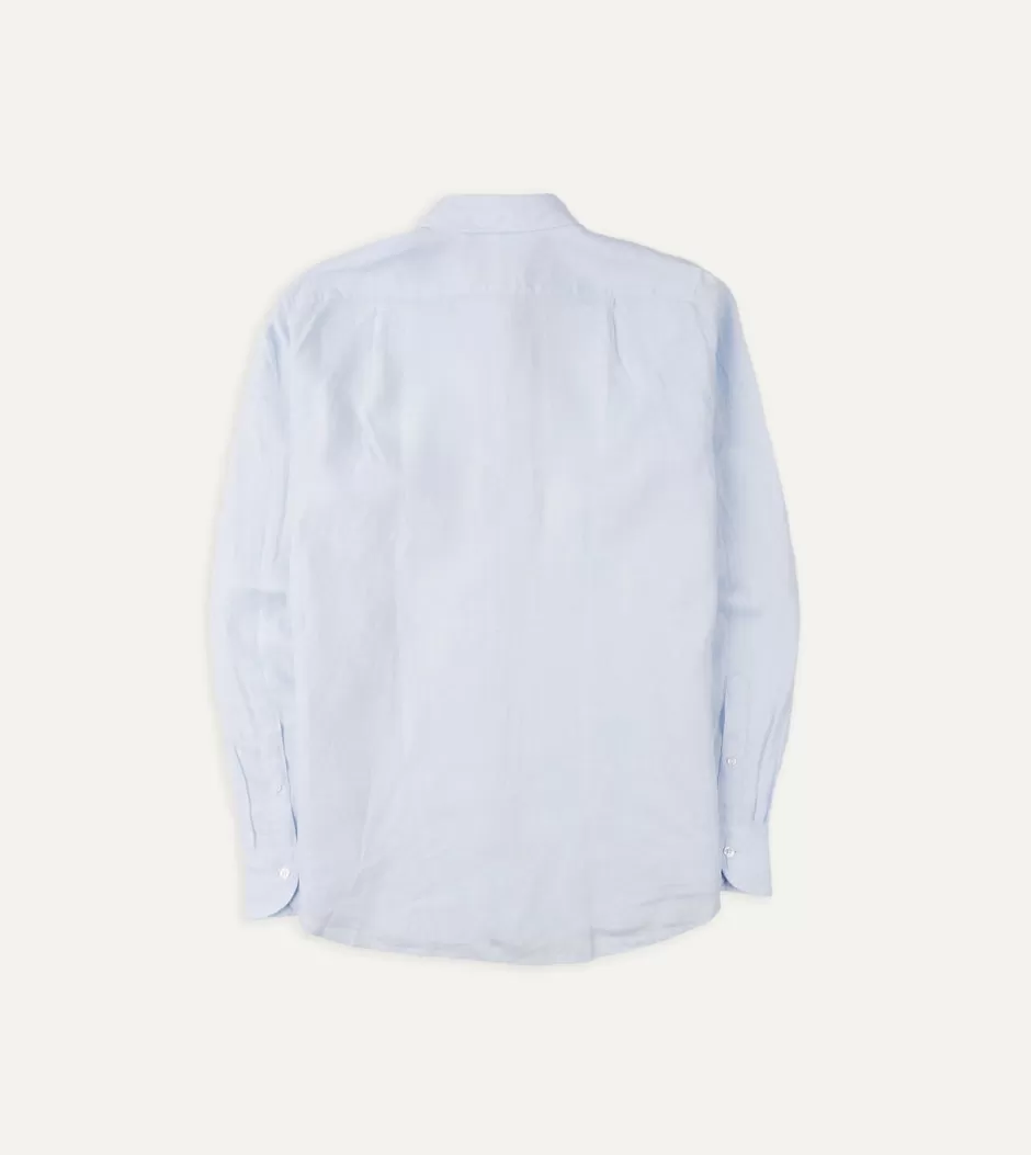 Drake's Linen Spread Collar Shirt Light blue Discount