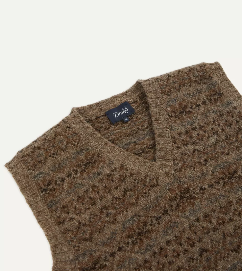 Drake's Light Brown Fair Isle Lambswool Sleeveless V-Neck Jumper Cheap