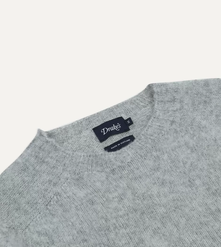 Drake's Brushed Shetland Crew Neck Jumper Light grey Store