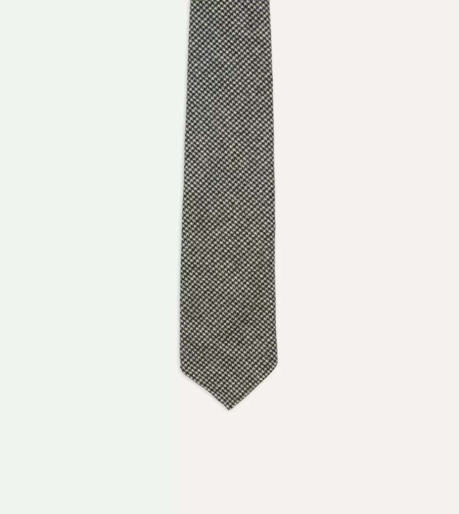 Drake's Light Grey Houndstooth Check Hand Rolled Wool Tie Outlet