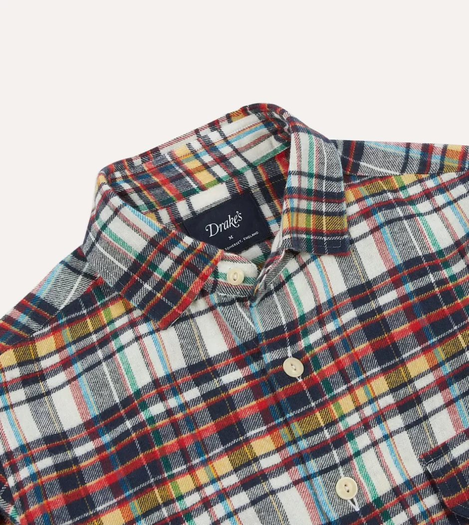 Drake's Multi Check Brushed Cotton Two-Pocket Work Shirt Cheap