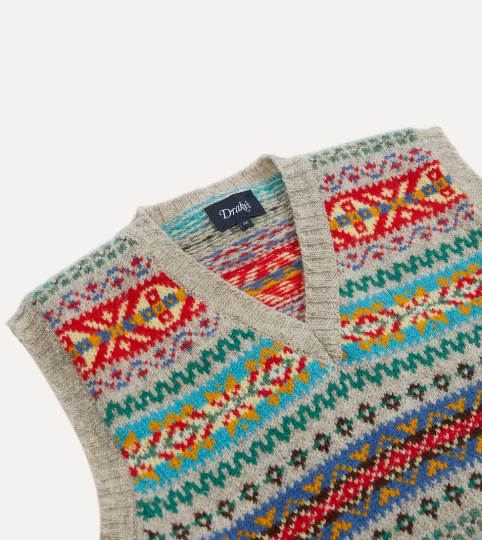 Drake's Multicoloured Fair Isle Lambswool Sleeveless V-Neck Jumper Best Sale