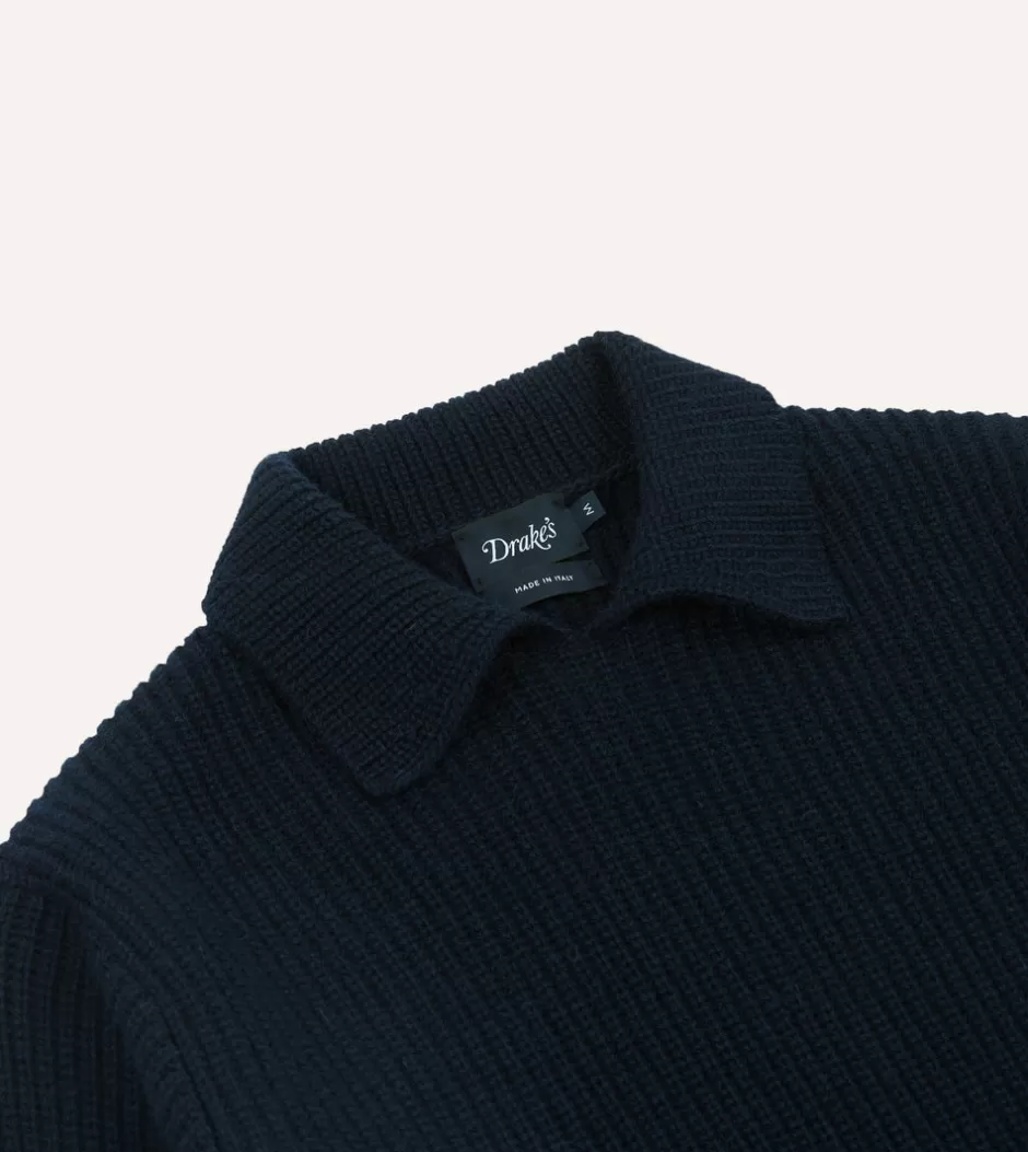 Drake's Alpaca Lambswool Ribbed Integral Collar Jumper Navy Clearance