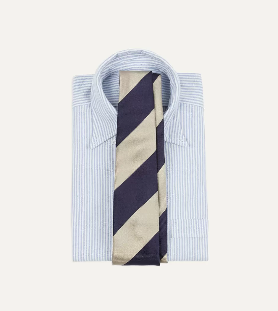 Drake's Navy And Ecru Wide Stripe Repp Silk Tipped Tie Store