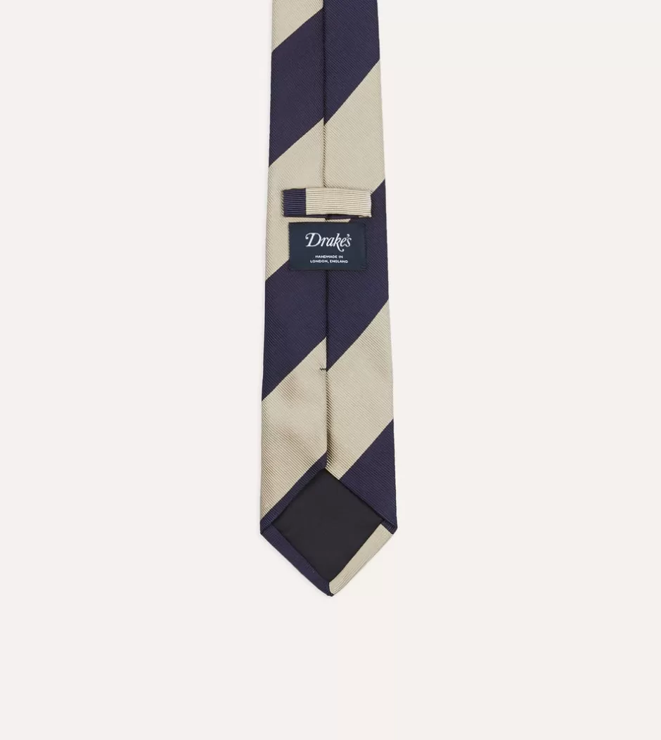 Drake's Navy And Ecru Wide Stripe Repp Silk Tipped Tie Store