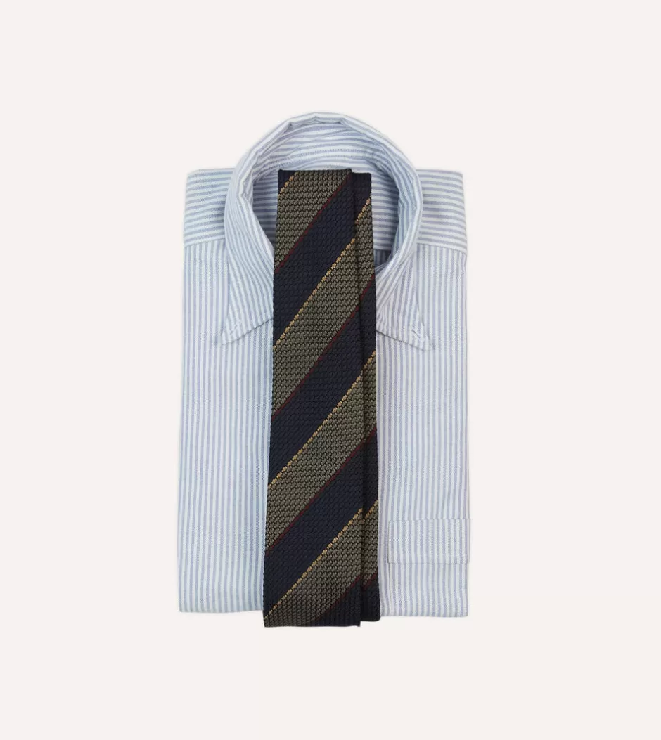 Drake's Navy And Grey Stripe Woven Grenadine Silk Tipped Tie Flash Sale