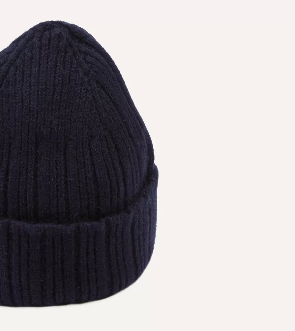 Drake's Angora Lambswool Ribbed Knit Cap Navy Best Sale