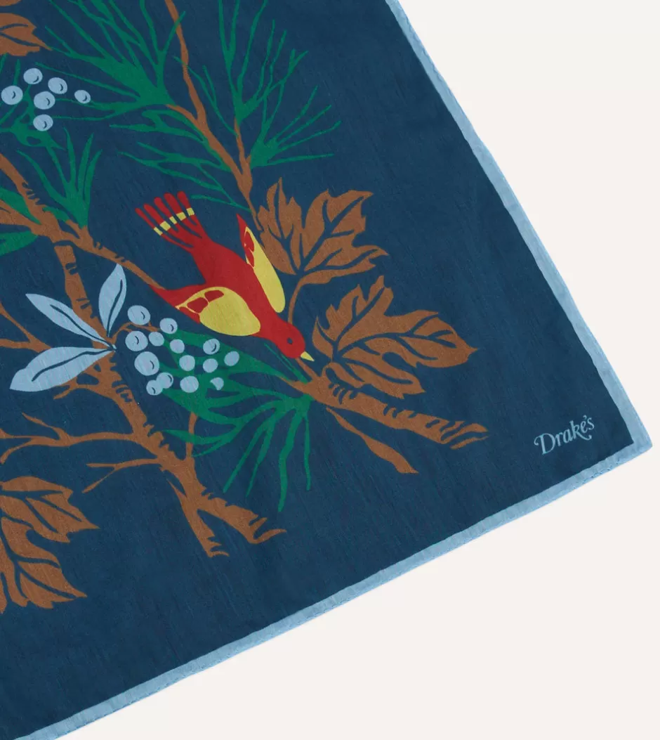 Drake's Navy Birds And Leaves Print Cotton-Silk Bandana Flash Sale